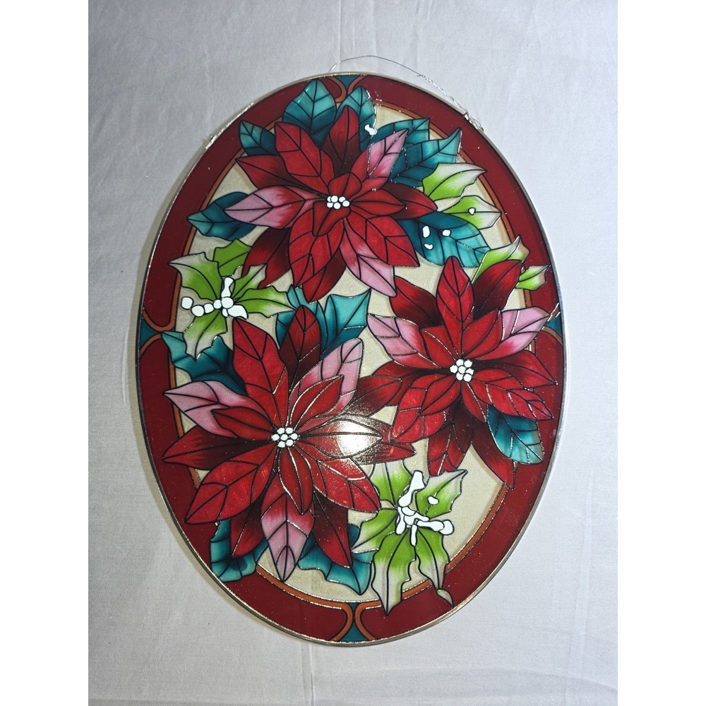 Vintage Stained Glass Poinsettia Hanging   15" X 11" Oval